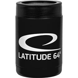 Black Latitude 64 insulated stainless steel can cooler with the Latitude 64 logo on the front.