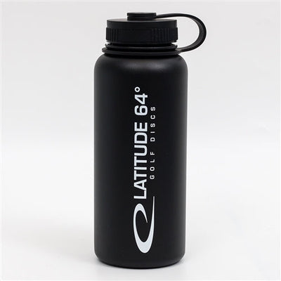 Black Latitude 64 stainless steel 32oz canteen water bottle with a textured lid and white printed branding.