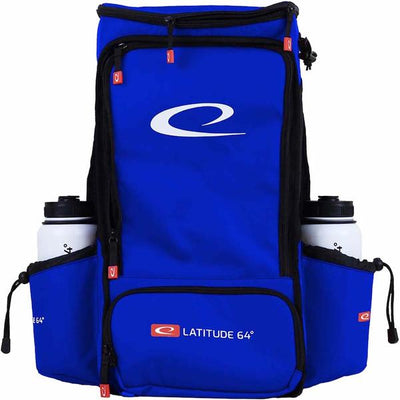 Blue Latitude 64 Easy Go backpack disc golf bag with a white Latitude 64 logo and two white water bottles in side pockets.