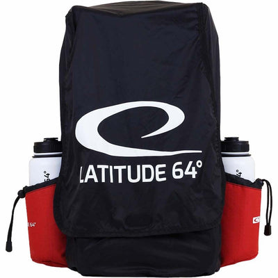 Black Latitude 64 Easy-Go backpack rainfly with a white logo, covering a bag with red side pockets.