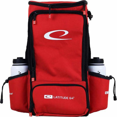 Red Latitude 64 Easy Go backpack disc golf bag with three zippered compartments and two white water bottles.