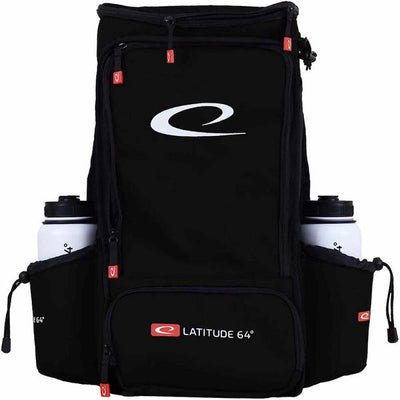 Black Latitude 64 Easy Go backpack disc golf bag with a white logo, red zipper pulls, and two white water bottles.