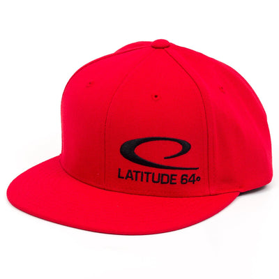 Red Latitude 64 flat bill snapback hat with a black embroidered Latitude 64 logo on the front.