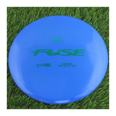 Solid blue Latitude 64 Gold Ice Fuse disc golf midrange disc, 178g, with green lettering and flight numbers.