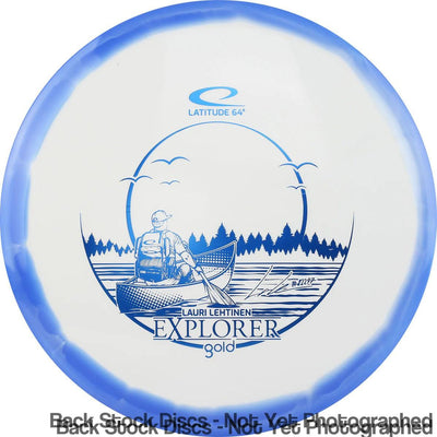 White Latitude 64 Gold Line Orbit Explorer disc with a blue rim and an explorer in a canoe design.