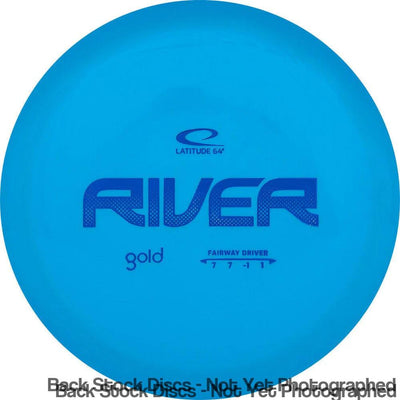 Bright blue Latitude 64 Gold Line River disc golf fairway driver with dark blue "RIVER" and "gold" text.