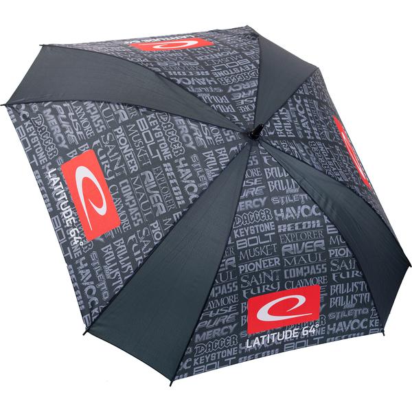 Gray Latitude 64 arc umbrella featuring alternating solid panels and panels with repeated white text and red logos.