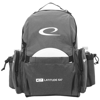 Gray Latitude 64 Swift backpack disc golf bag with zippered side pockets, a front disc pouch, and two water bottle pockets.