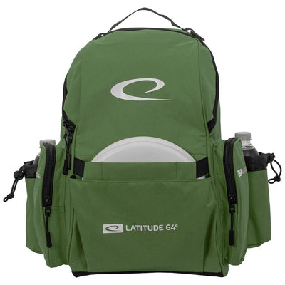 Green Latitude 64 Swift backpack disc golf bag with a white disc and two water bottles in side pockets.