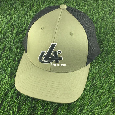 Olive green and black Latitude 64 fitted trucker hat with a white "LATITUDE" logo underneath a stylized L.