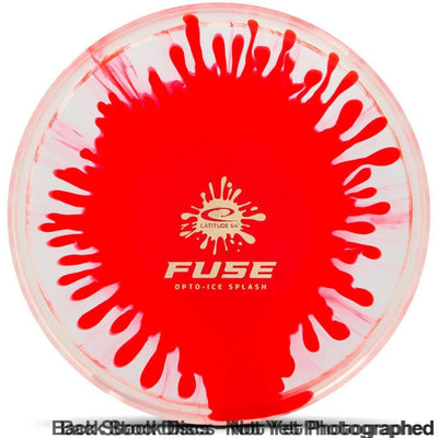 Clear Latitude 64 Opto Ice Fuse disc golf disc with a red splash pattern and gold foil lettering.
