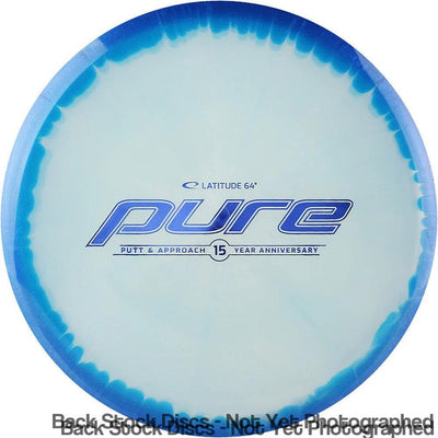 Light blue Latitude 64 Opto Ice Orbit Pure 15 Year Anniversary disc golf putter with dark blue lettering and rim details.