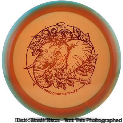 Latitude 64 Opto Orbit Sapphire disc golf disc with a teal and orange rim and an elephant floral stamp.