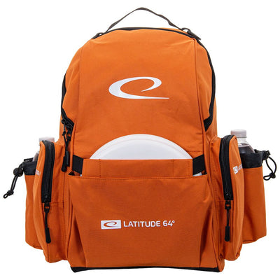 Orange Latitude 64 Swift backpack disc golf bag with five zippered pockets and two side water bottle holders.