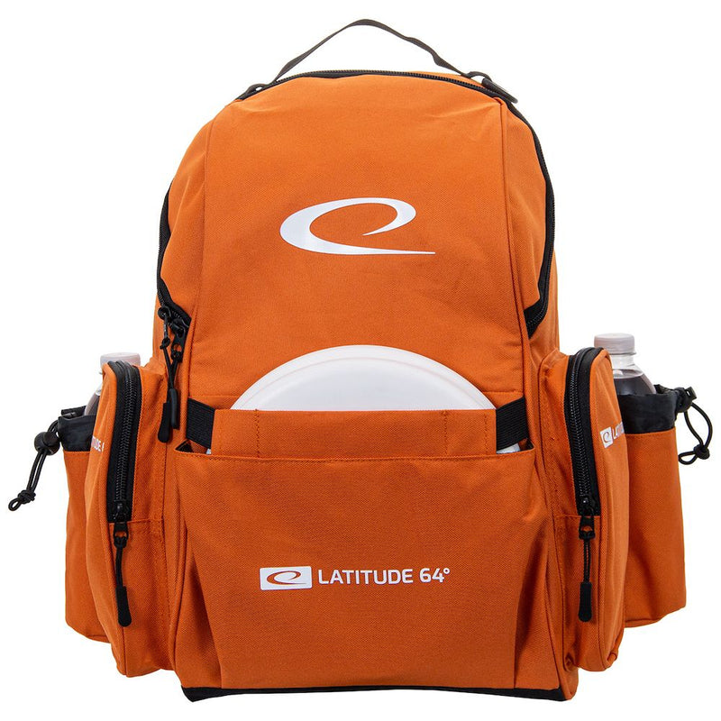 Orange Latitude 64 Swift backpack disc golf bag with five zippered pockets and two side water bottle holders.