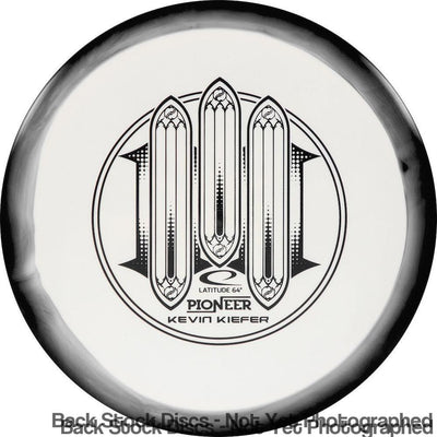 White Latitude 64 Pioneer disc with a black foil stamp featuring a large "100" design and intricate gothic elements.