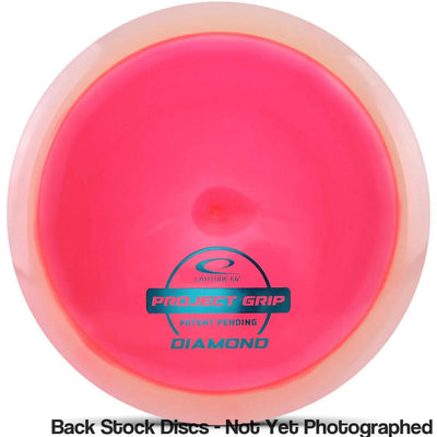 Bright pink Latitude 64 Project Grip Diamond disc golf putter with a translucent rim and teal foil stamp.