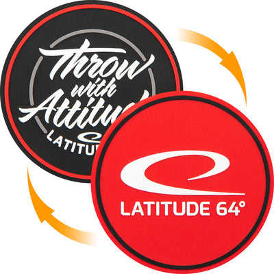 Two circular Latitude 64 flexible minis in red and black, showing "Throw with Attitude" and the logo.