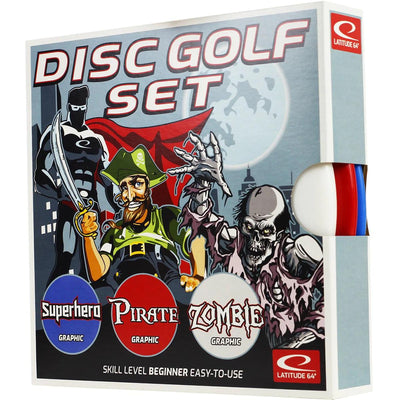 Latitude 64 zombie pirate superhero disc golf starter set box with white, red, and blue discs visible.