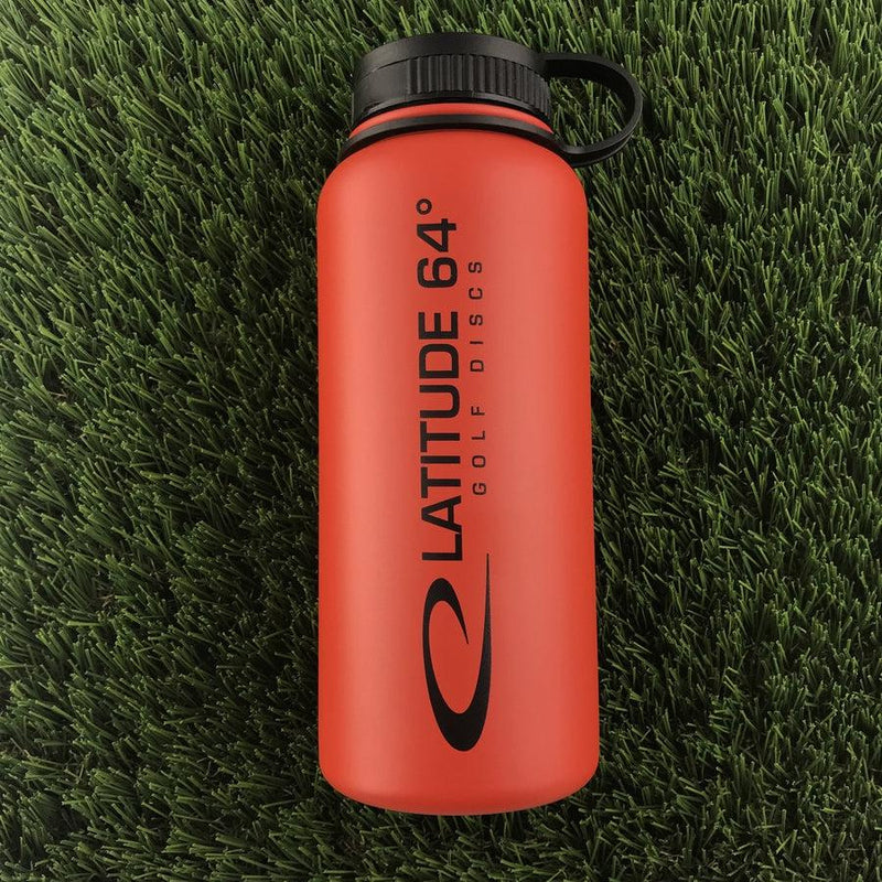 Red Latitude 64 insulated stainless steel canteen water bottle with a black screw-top lid and carrying loop.