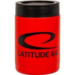 A red Latitude 64 stainless steel can keeper features a black logo and a black rubber rim.