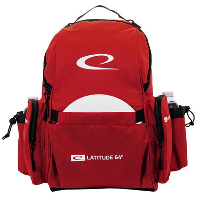 Red Latitude 64 Swift backpack disc golf bag with a white disc, two water bottles, and zippered compartments.