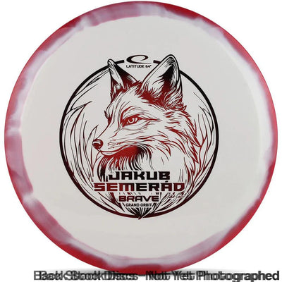 White Latitude 64 disc with a red and white swirled rim and a stylized red and black fox stamp.