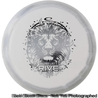 White Latitude 64 Royal Grand Orbit Rive disc with a silver foiled lion wearing headphones surrounded by leaves.