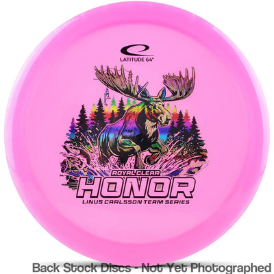 Pink Latitude 64 disc with a colorful moose graphic, trees, and "HONOR ROYAL CLEAR LINUS CARLSSON TEAM SERIES" text.