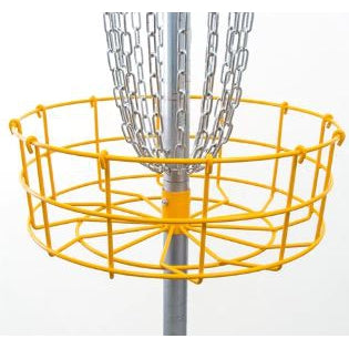 A silver Latitude 64 ProBasket Skill disc golf basket has a bright yellow catch tray and chains.