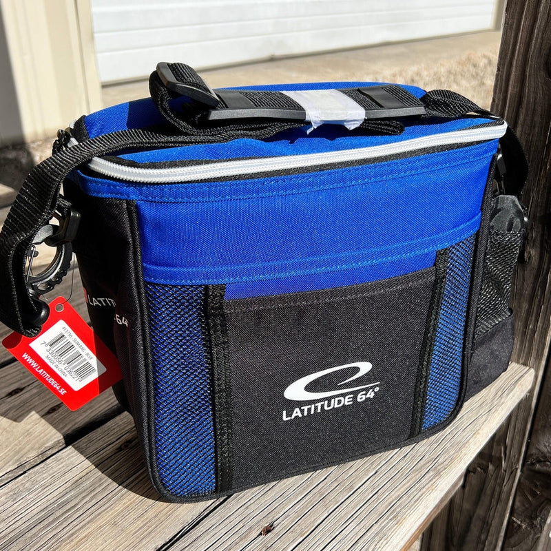Blue and black Latitude 64 Slim Bag with side mesh pockets, a white zippered top, and a shoulder strap.