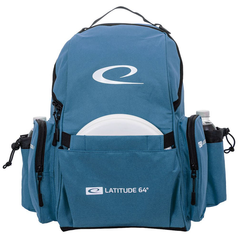 Teal Latitude 64 Swift disc golf backpack with two side compartments, a front pocket for discs, and two water bottle holders.