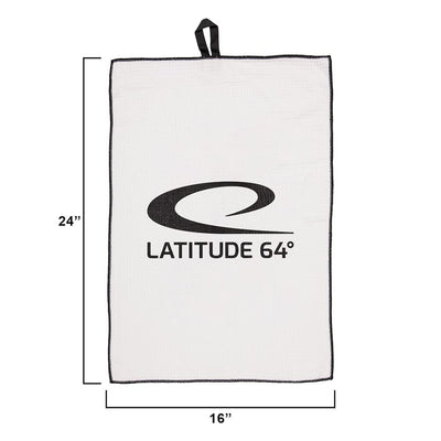 White Latitude 64 waffle weave golf towel with an embroidered black logo and a black webbing hanging loop.