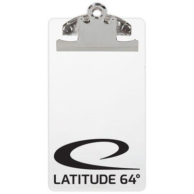 White Latitude 64 clipboard with a silver metal clip and the black Latitude 64 logo on the bottom.