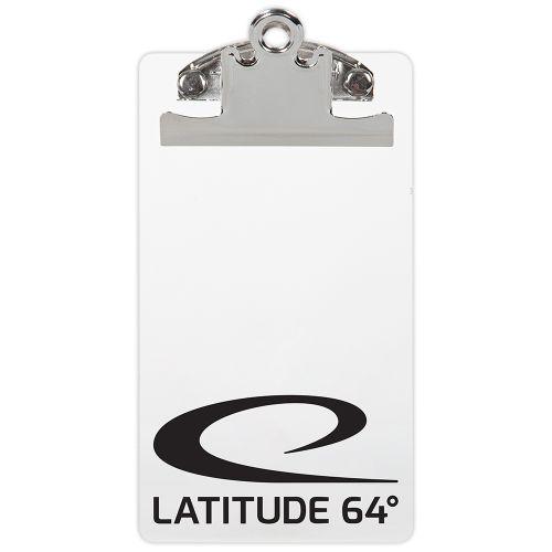 White Latitude 64 clipboard with a silver metal clip and the black Latitude 64 logo on the bottom.