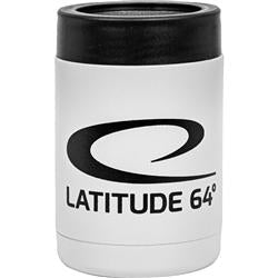 White Latitude 64 insulated stainless steel can keeper with a black silicone rim.