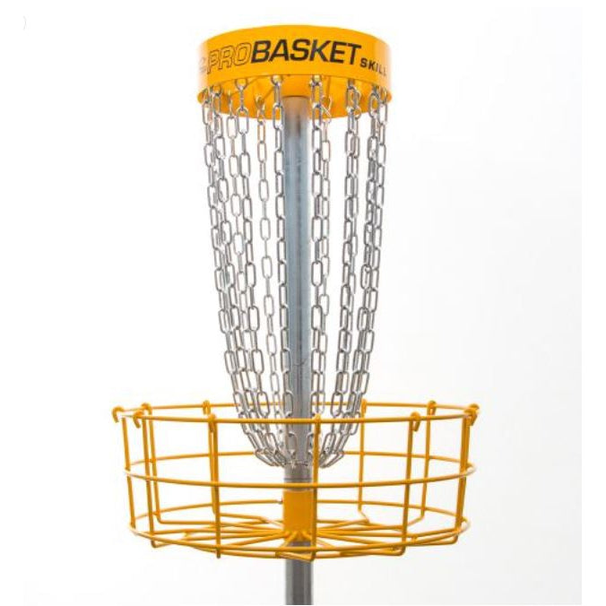 Yellow Latitude 64 ProBasket Skill disc golf basket with shiny silver chains and a sturdy metal pole.
