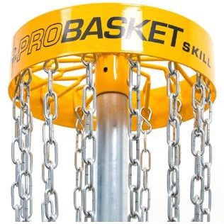 Yellow Latitude 64 ProBasket Skill disc golf basket with multiple silver metal chains and a gray central pole.