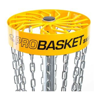 Yellow Latitude 64 ProBasket Skill disc golf basket with shiny silver chains and a metal pole.