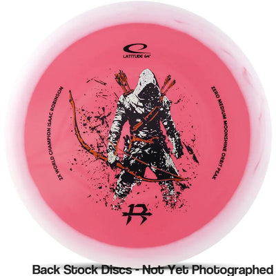Latitude 64 Zero Medium Moonshine Orbit Peak disc golf putter in vibrant pink with a central archer graphic.