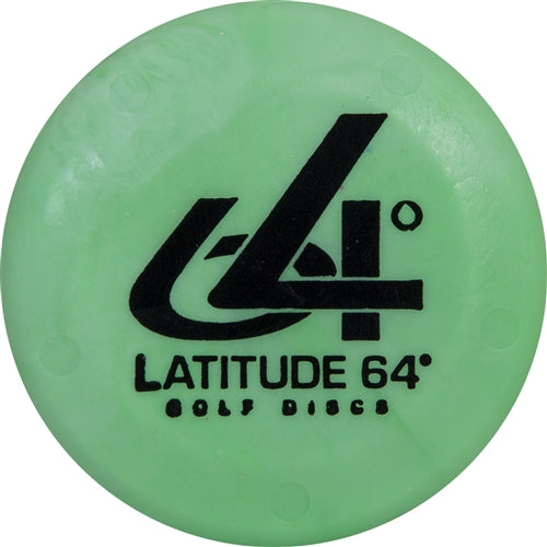 Light green Latitude 64 disc golf mini marker with a black stylized "L-64" logo and "Latitude 64 Golf Discs" text.