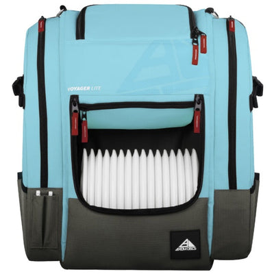 A light blue axiom voyager lite disc golf backpack with a grey base and 20 white discs visible in the front pocket.