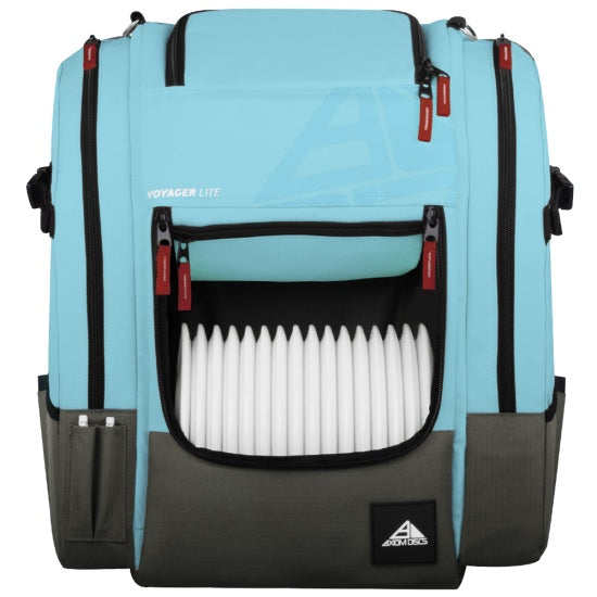 A light blue axiom voyager lite disc golf backpack with a grey base and 20 white discs visible in the front pocket.