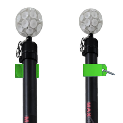 Two black Max DiscTance poles with suction cup tops, one featuring a green tag-style bag clip.