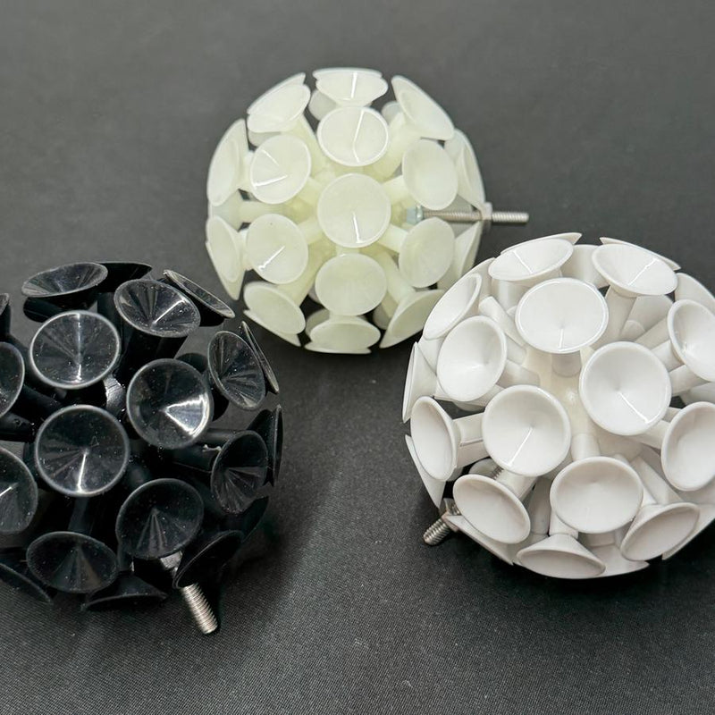 Three suction ball attachments with M5 threads, one black, one glow white, and one bright white.