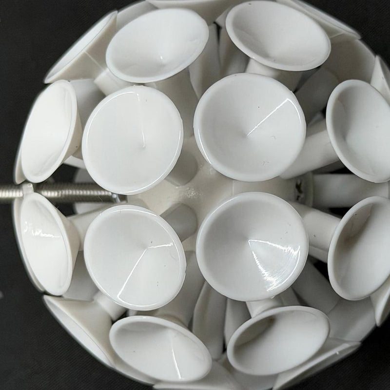 White max disctance suction ball attachment featuring numerous circular suction cups and a metal M5 threaded rod.