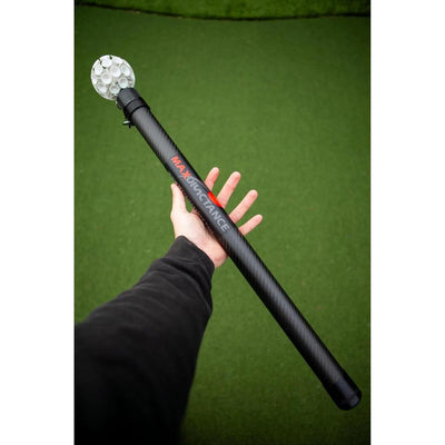 Black MaxDisctance carbon fiber golf ball retriever with a white textured suction cup head.