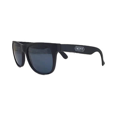 Black Mint Classic sunglasses with a white Mint logo on the right temple, featuring dark tinted lenses.