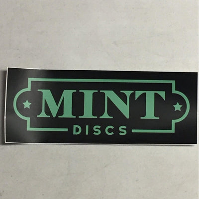 Black Mint Discs giant sticker with a rectangular design, mint green text, and stars on both ends.