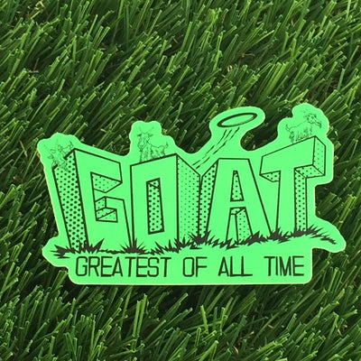 Neon green Mint Discs GOAT sticker featuring playful goats, a flying disc, and "GREATEST OF ALL TIME" text.